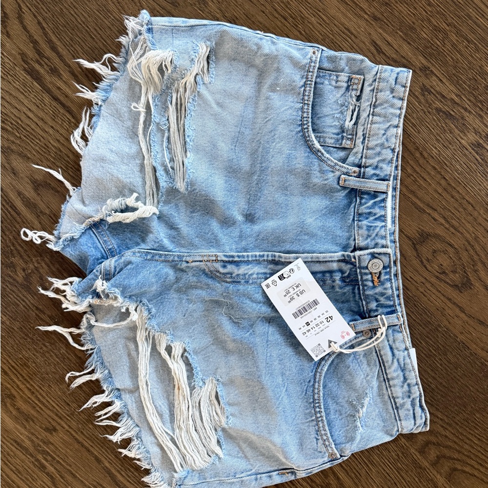 Zara Light Blue Ripped Jean Shorts